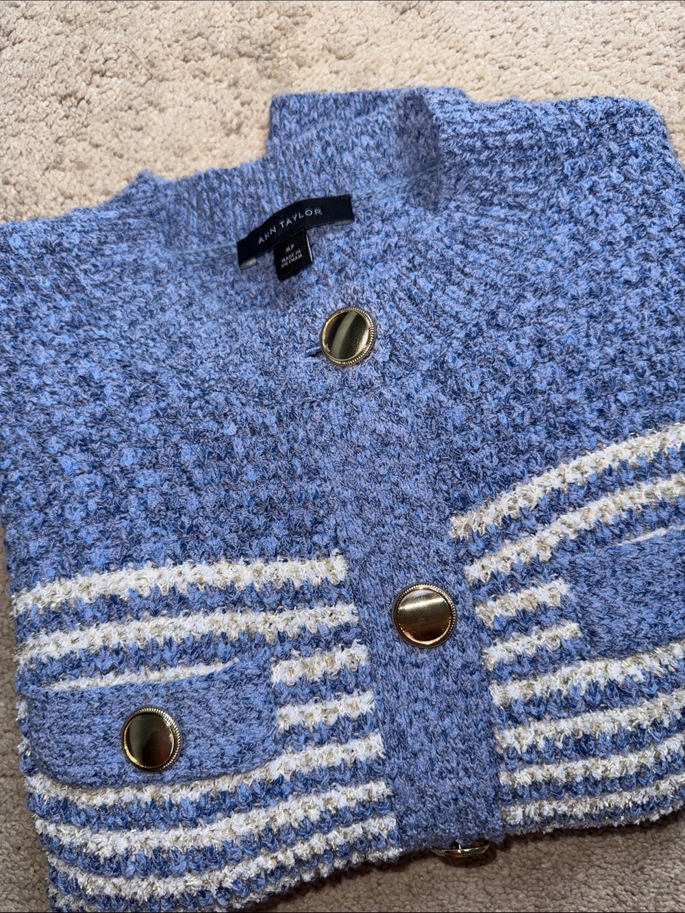 NWOT Ann Taylor Soft Blue & Cream Striped Button Cardigan, MP